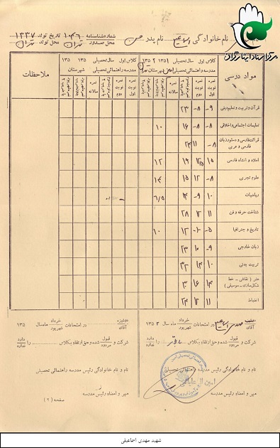 اسناد تحصیلی شهید 